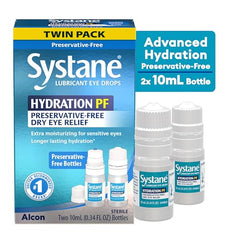 Systane Hydration multi-dose bottles showing dropper packaging for long-lasting eye comfort.