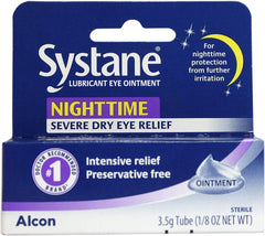 Systane Nighttime Ointment label shows preservative-free design for sensitive eyes.