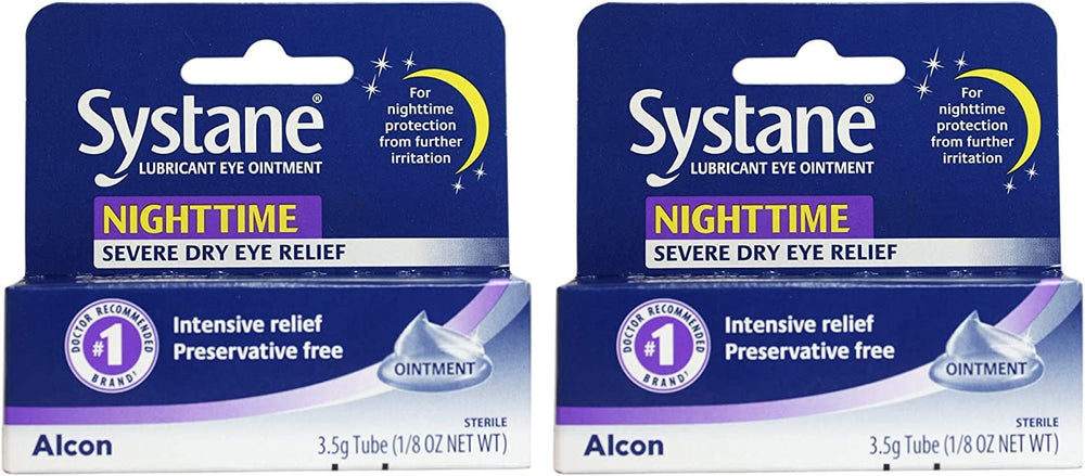 Systane Nighttime Ointment two-pack box front for overnight relief.