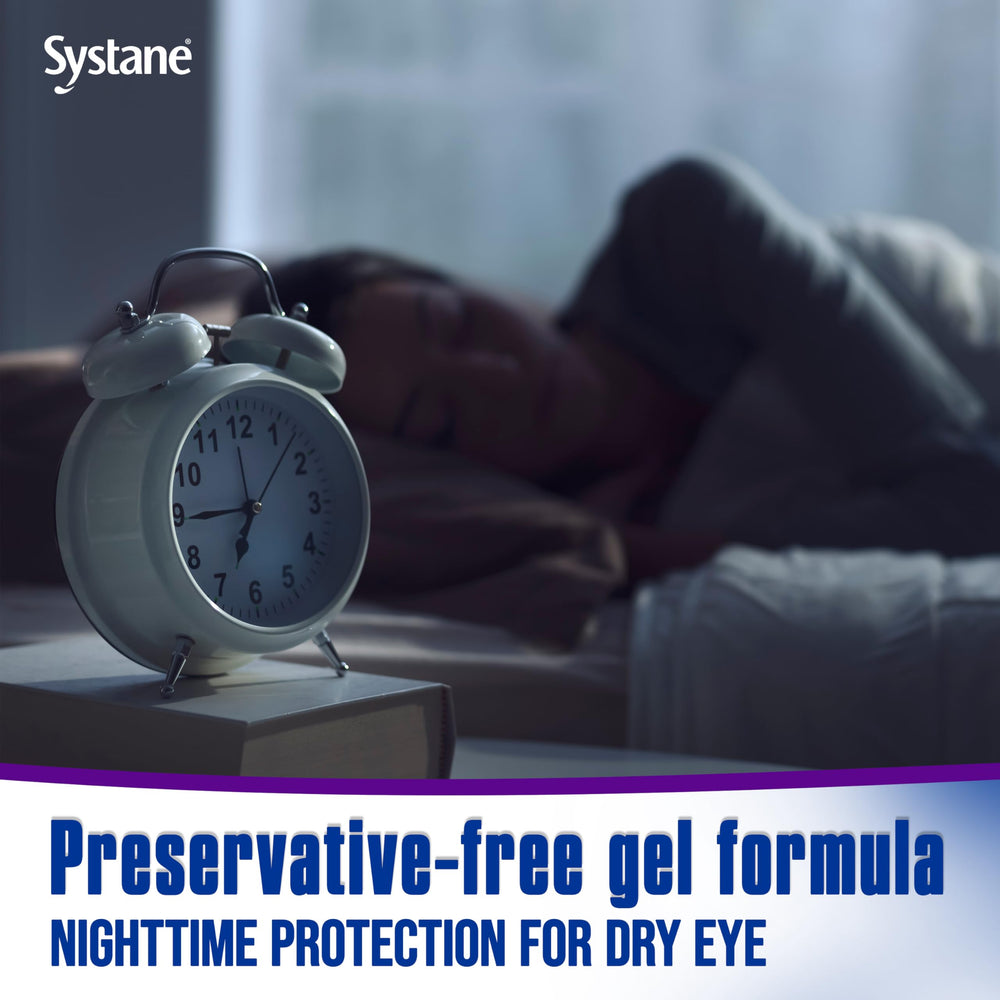 Systane Nighttime Ointment packaging closeup emphasizes safe, preservative-free design