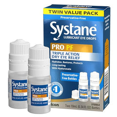 Systane PRO PF bottle side view highlights preservative-free formula for sensitive eyes
