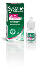 Systane Ultra eye drops bottle provides all-day moisture for dry eye relief.