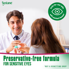 Systane Ultra user applying drops for soothing eye comfort.