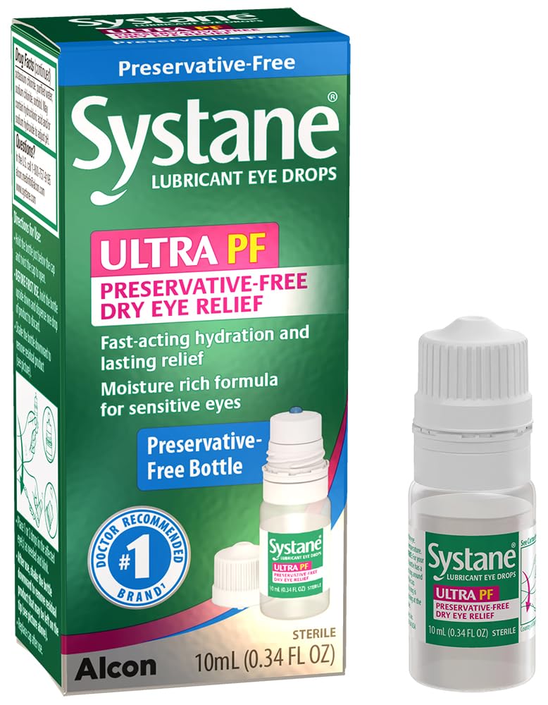 Systane Ultra PF eye drops bottle closeup showing preservative-free hydration.