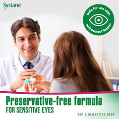 Systane Ultra PF label closeup shows preservative-free formula for sensitive eyes.