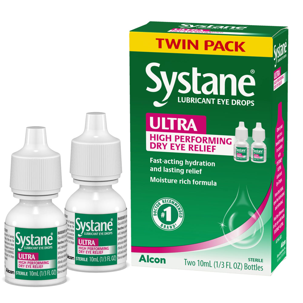 Systane Ultra twin-pack bottles provide extended moisture for dry eye relief on the go.