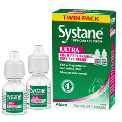 Systane Ultra twin-pack bottles provide extended moisture for dry eye relief on the go.