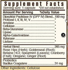 Close-up of ZGLUTn ingredients including enzymes and herbs