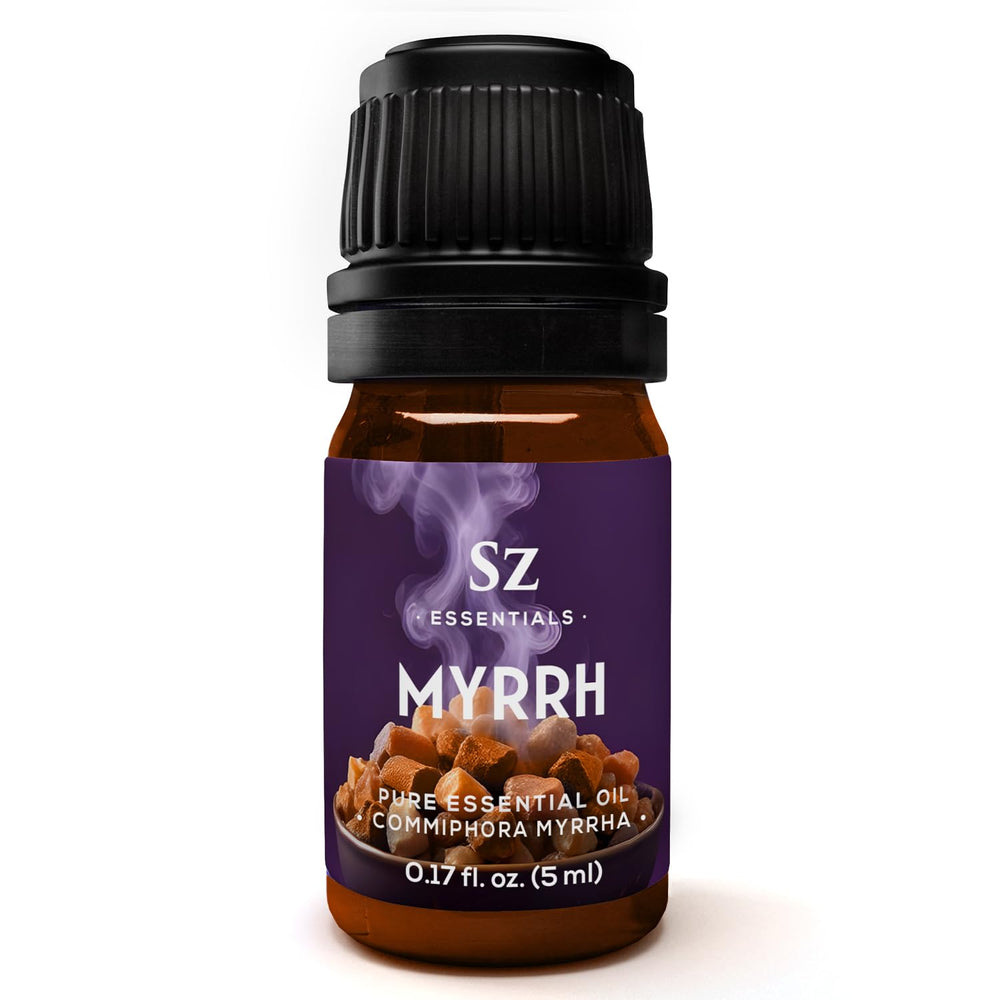Sz Essentials 5-year aged myrrh essential oil bottle label