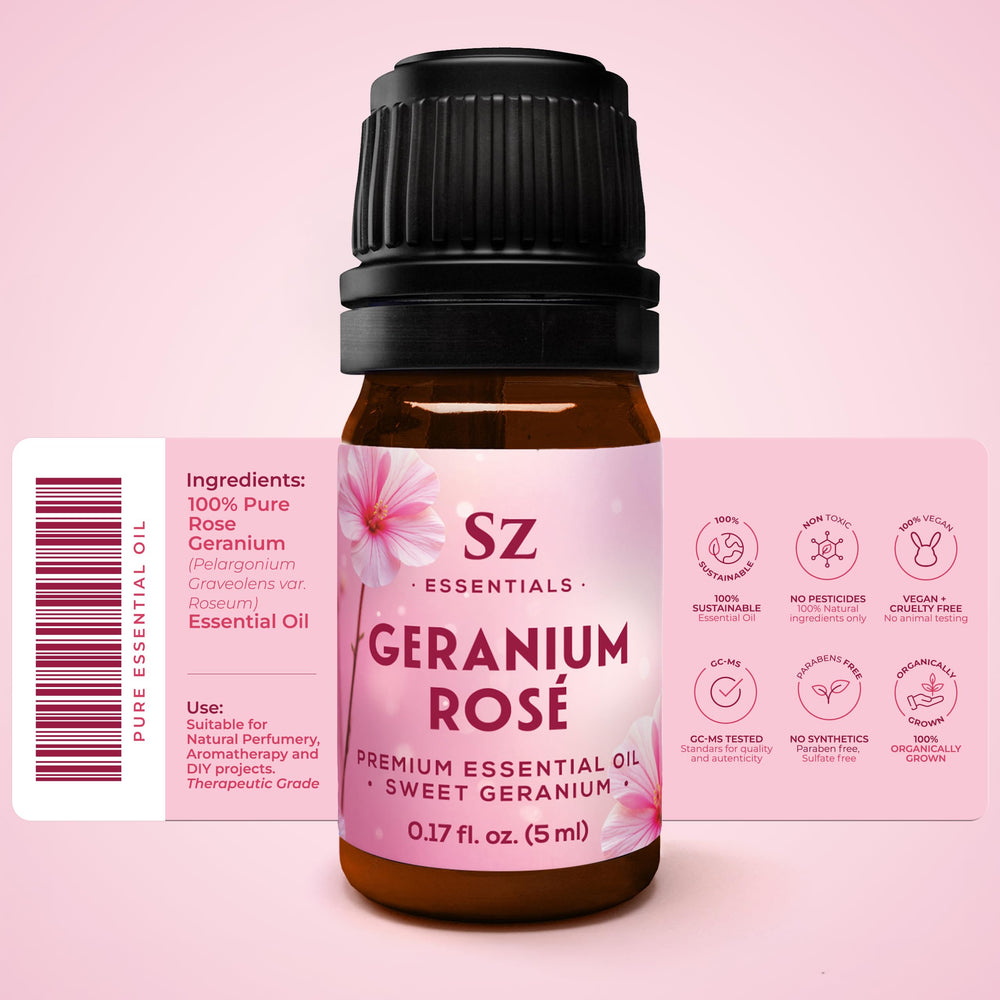 Close-up of the Geranium Rosé essential oil bottle