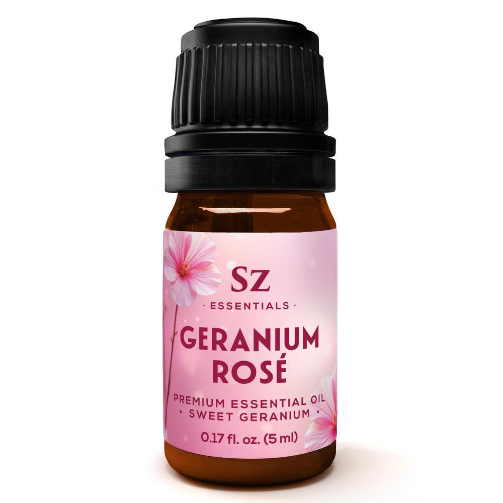 Front view of Sz Essentials Geranium Rosé Essential Oil 5 mL bottle