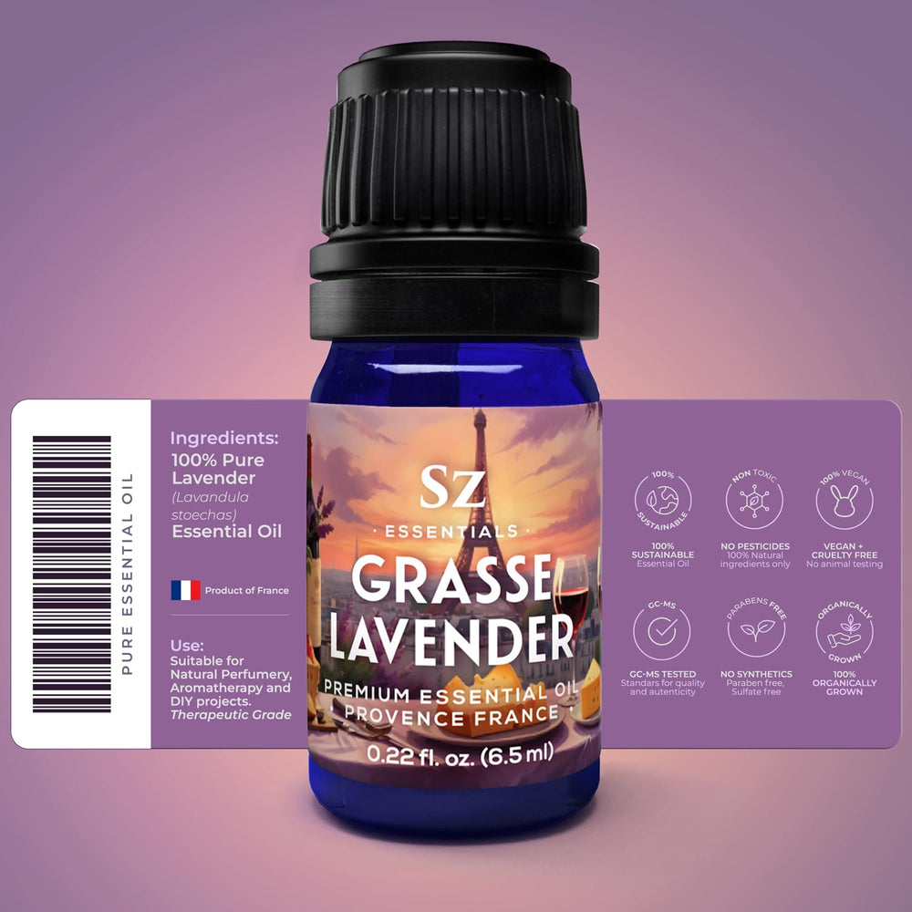 Close-up of Grasse Lavender Essential Oil bottle and label
