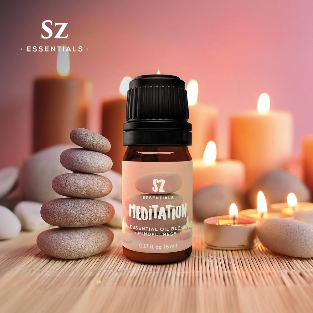 Relaxing spa scene featuring SZ Essentials Meditation essential oil