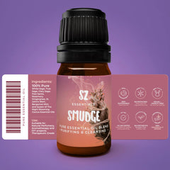 Close-up of Shamanic Smudge essential oil blend bottle