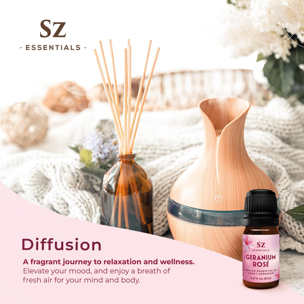 Skincare routine with Geranium Rosé essential oil applying to skin