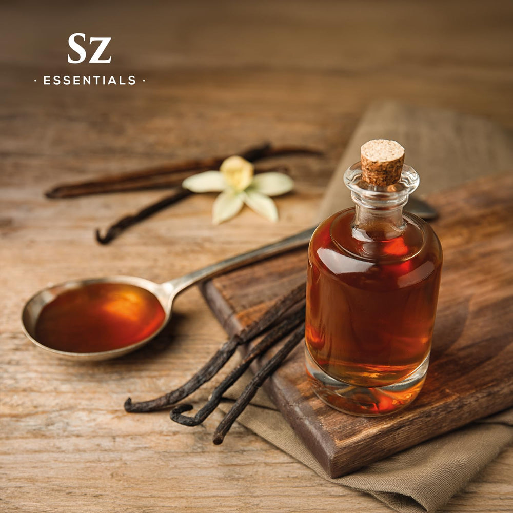 Glass bottle of Sz Essentials Vanilla Oil with wooden cap