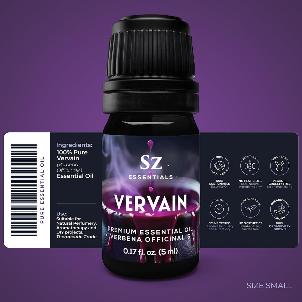 Close-up of Sz Essentials Vervain Oil label