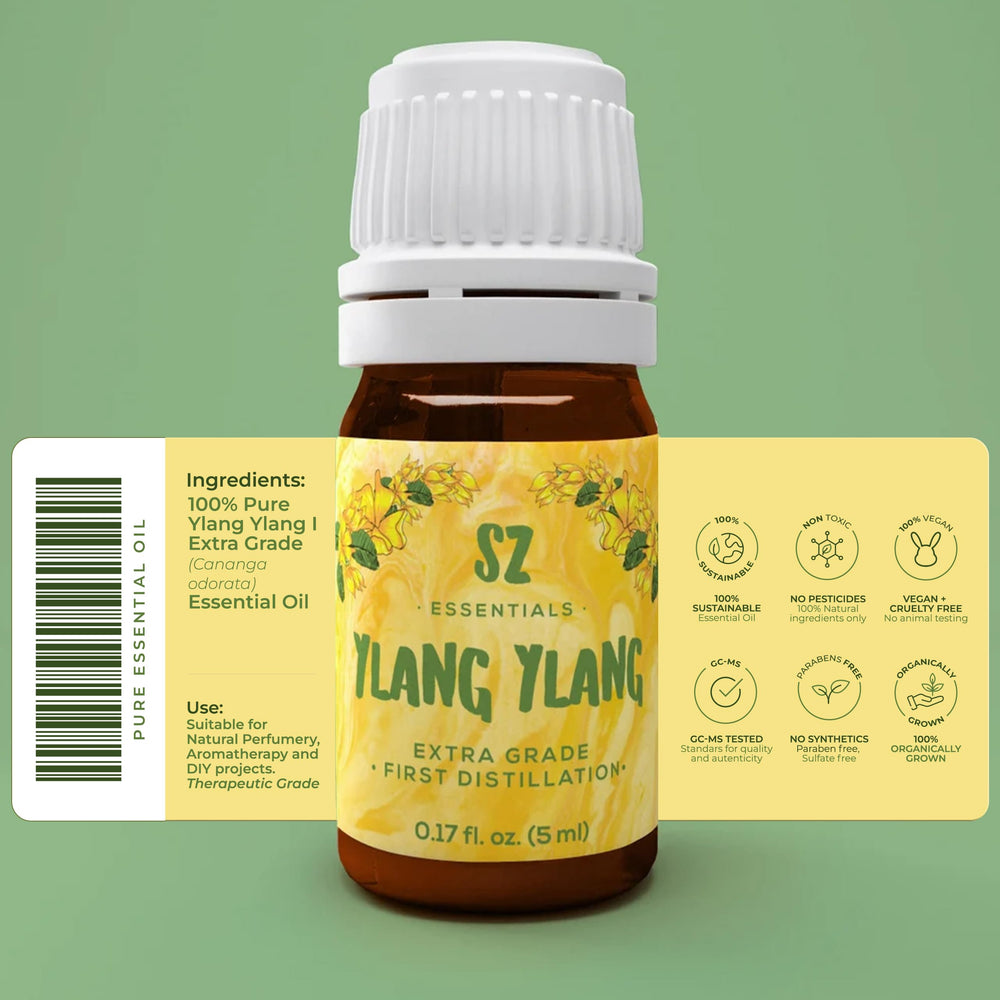 Close-up of SZ Essentials Ylang Ylang oil bottle label