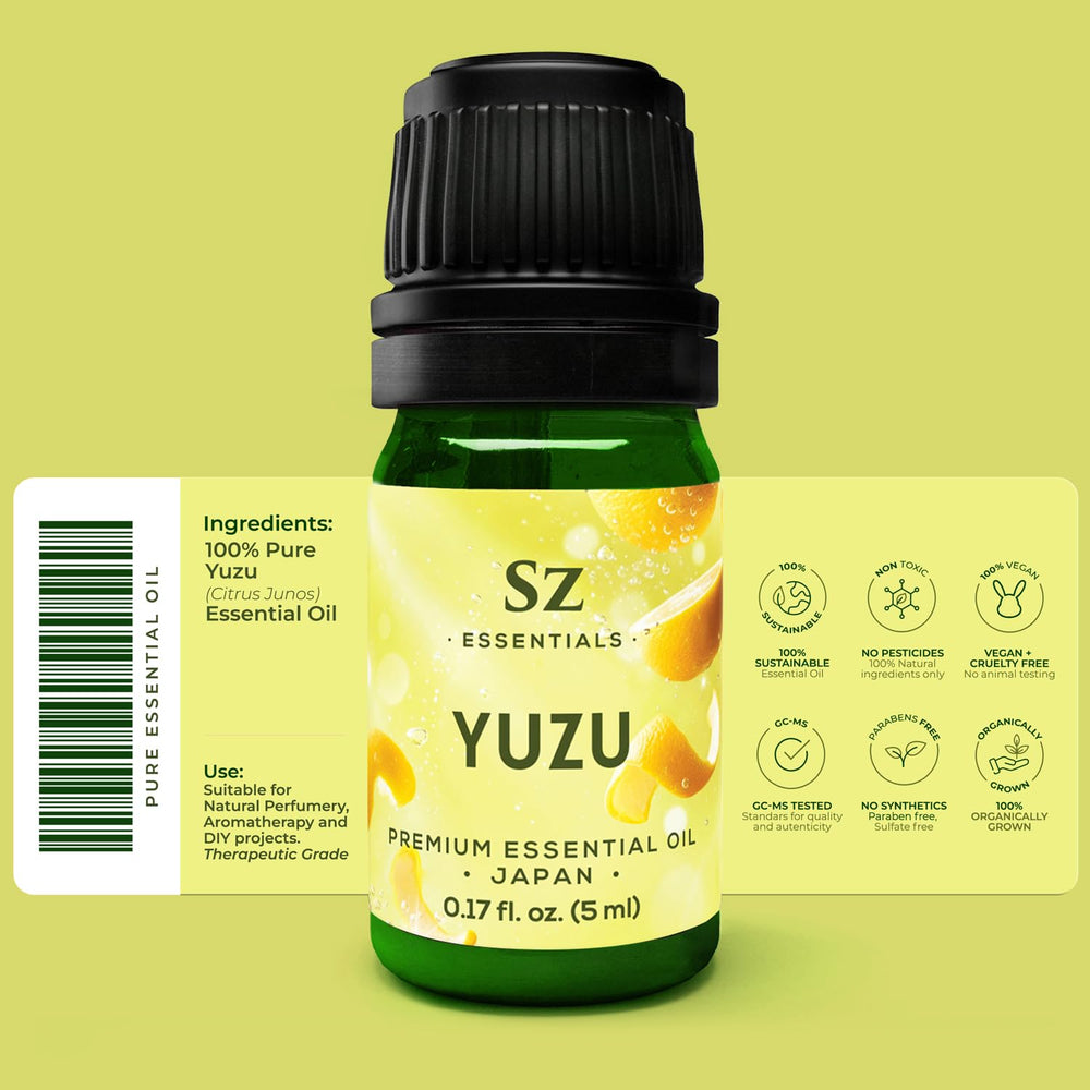Label of Yuzu essential oil showing 100% Pure and Natural
