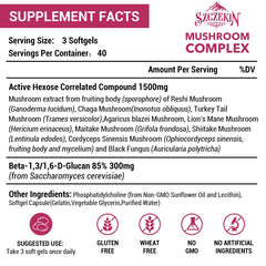 SZCZEKIN eight-mushroom blend display highlighting natural extracts.