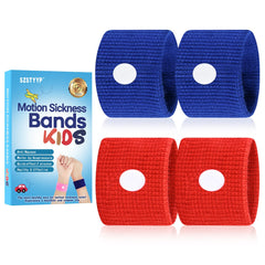 SZSTYYP motion sickness bands kids blue wristband on a child's wrist during car travel for comfort.