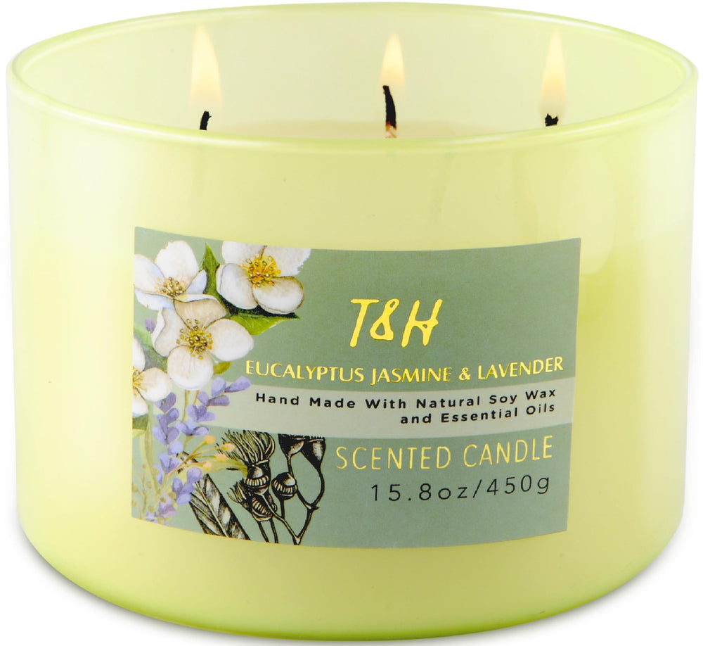 Front view of T&H Eucalyptus Jasmine Lavender 3-Wick Soy Candle in green glass jar