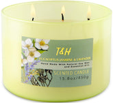 Front view of T&H Eucalyptus Jasmine Lavender 3-Wick Soy Candle in green glass jar