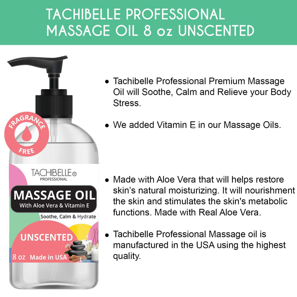 Close-up of Tachibelle 8 oz unscented massage oil bottle