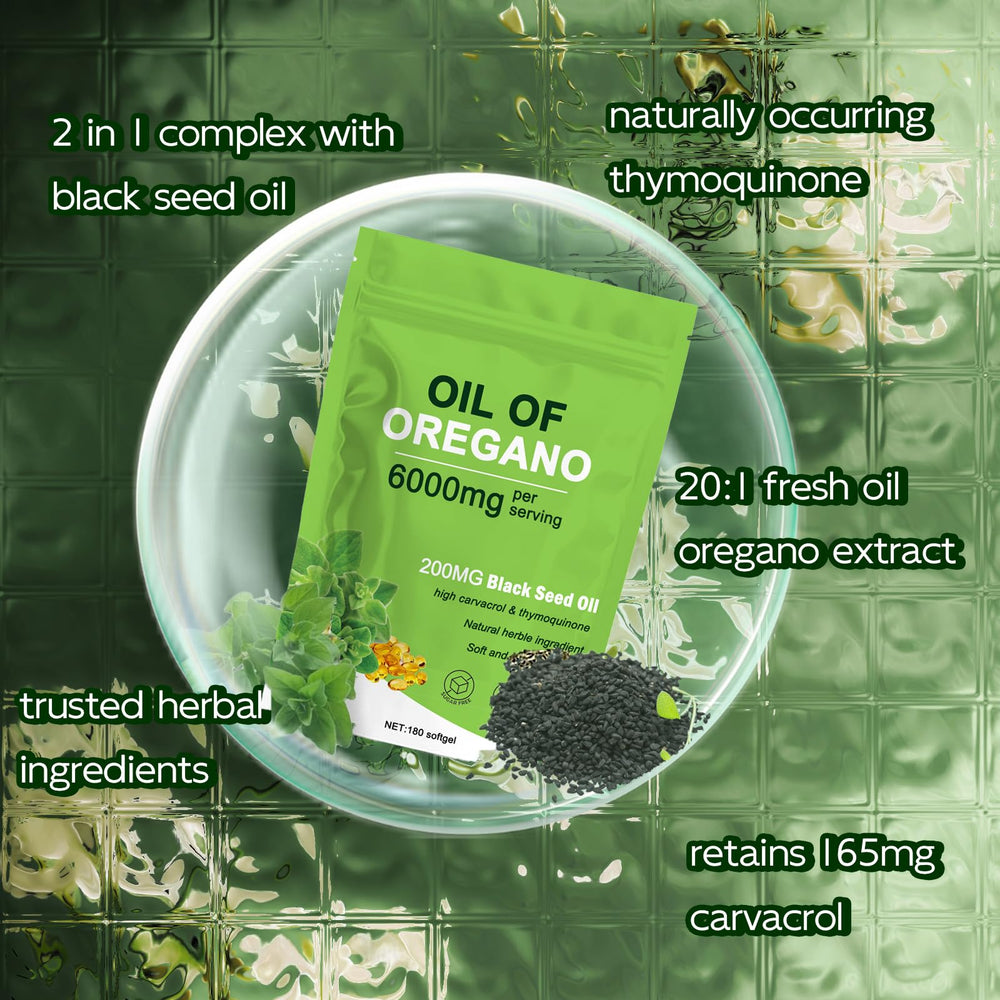 Non-GMO, gluten-free oregano oil softgels with black seed oil