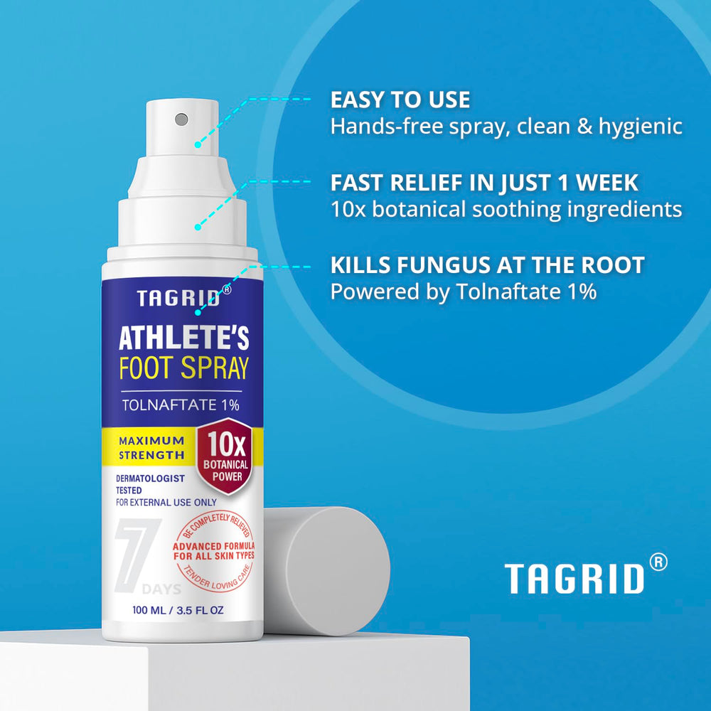 TAGRID fast-drying antifungal formula dries quickly after use.
