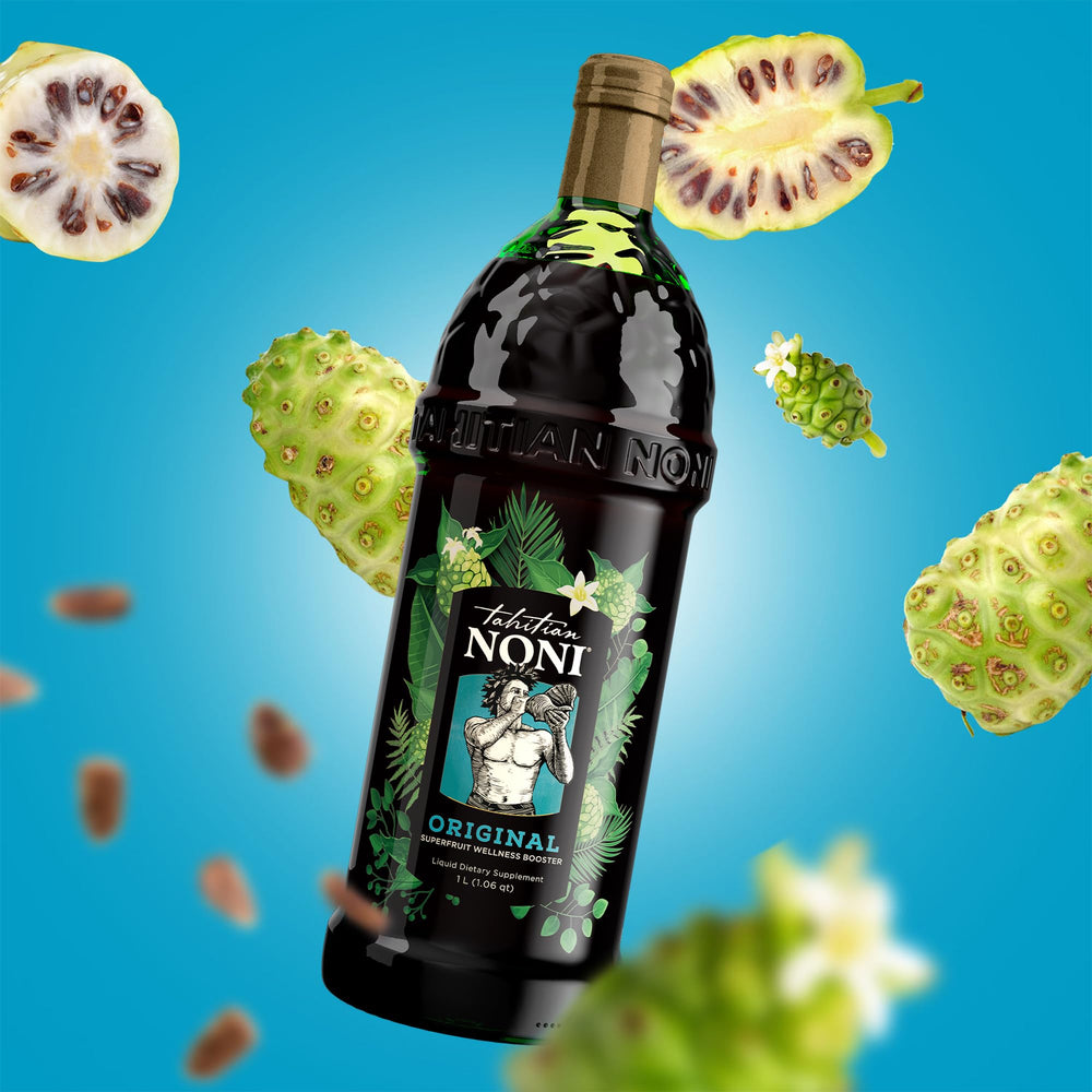Tahitian Noni juice ingredients graphic, featuring cold-pressed noni and fruit extracts.