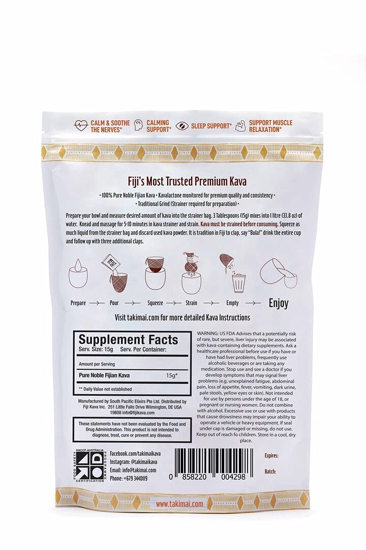 Taki Mai Noble Kava powder pour shows earthy aroma and traditional preparation.