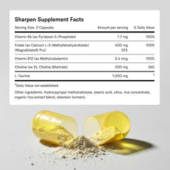Vegan, Non-GMO labeling on Tally Health Sharpen packaging