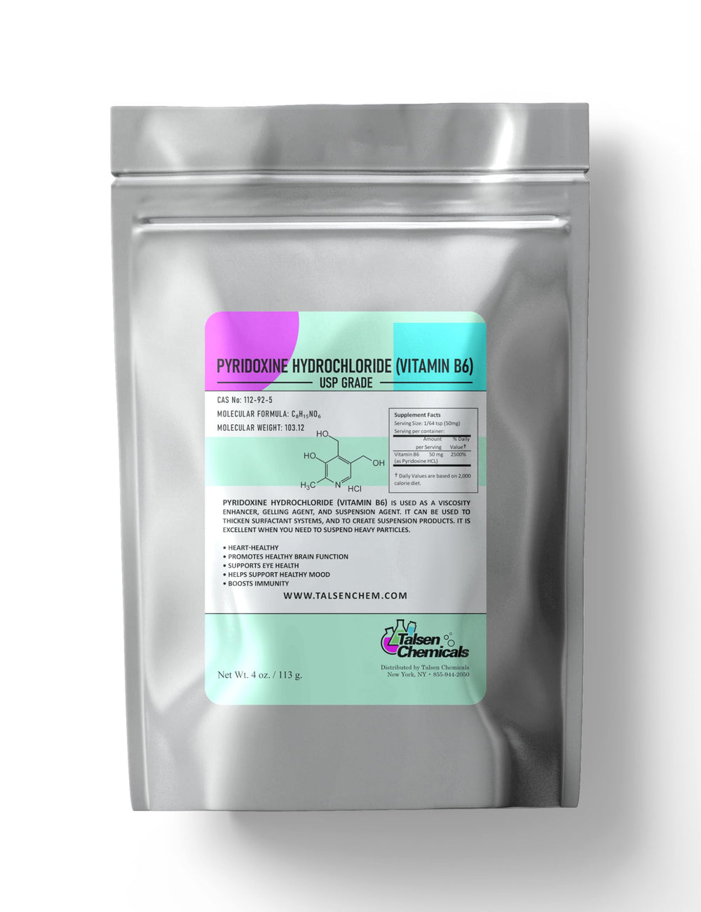 Talsen Chemicals Vitamin B6 Powder Pyridoxine HCl bottle label