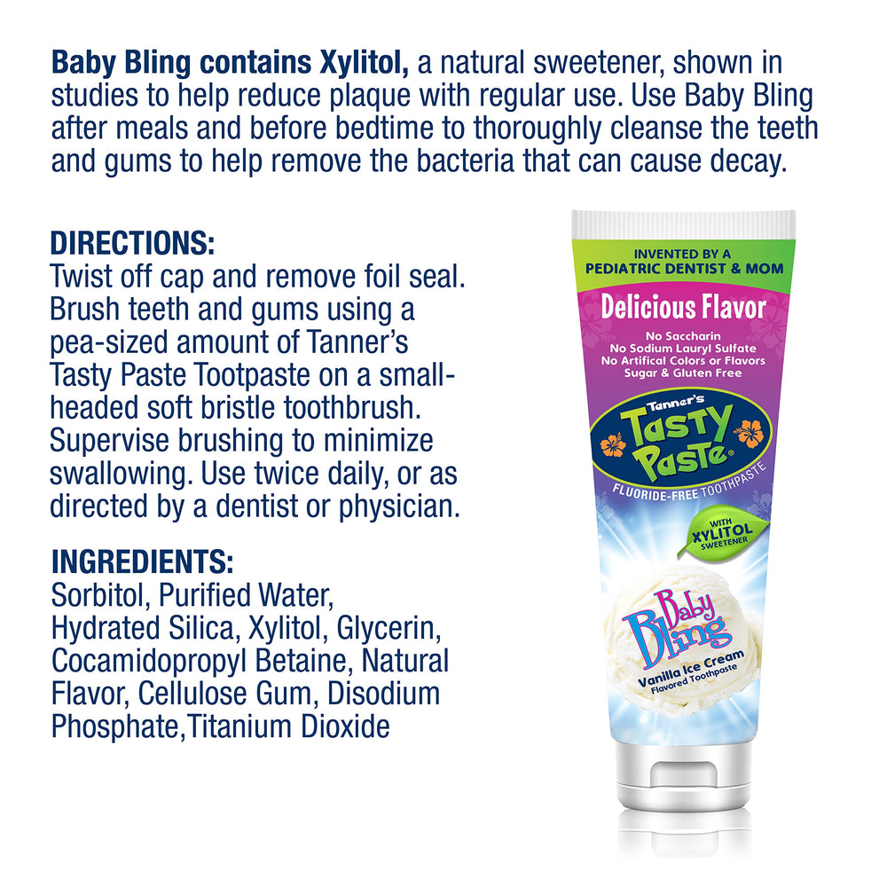 Close-up of Tanner's Tasty Paste Baby Bling Vanilla toothpaste for kids 4.2 oz