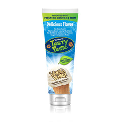 Box front of Tanner's Tasty Paste Vanilla Bling toothpaste for kids