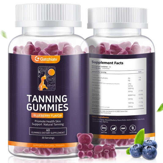 Bottle of Tanning Gummies 60-count with blueberry flavor