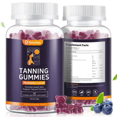 Bottle of Tanning Gummies 60-count with blueberry flavor