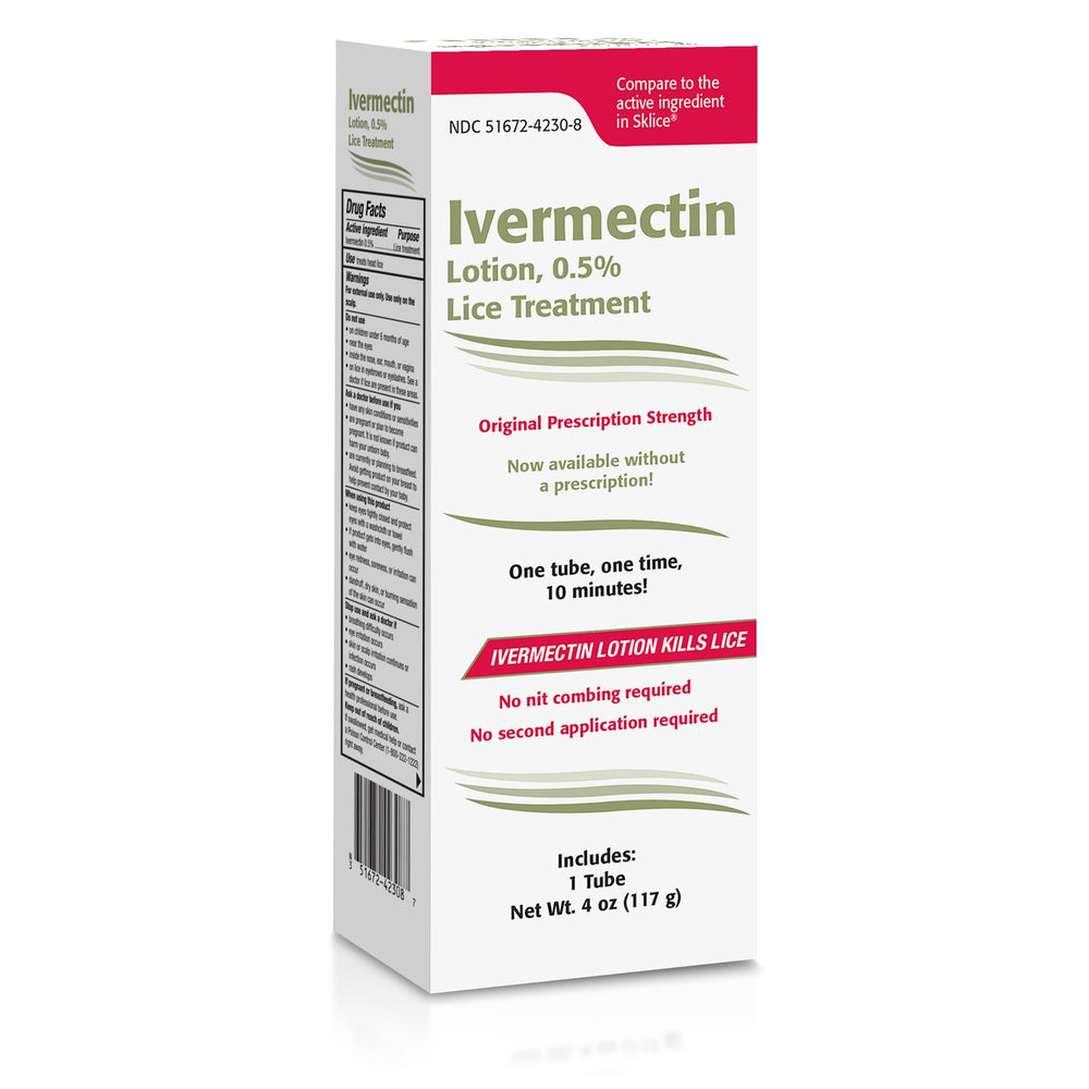 TARO Ivermectin Lotion bottle front, prescription-strength lice treatment in a single-use package