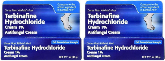 TARO Terbinafine 1% anti-fungal cream packaging shows two tubes for convenient treatment.