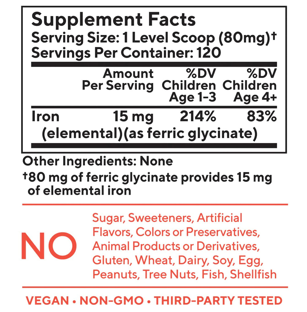 Close-up of Tasteless Iron for Kids bottle label