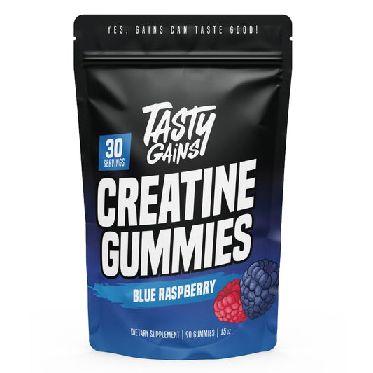 Front view of TASTY GAINS Creatine Gummies bottle