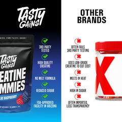 Made in USA badge on packaging of TASTY GAINS Creatine Gummies