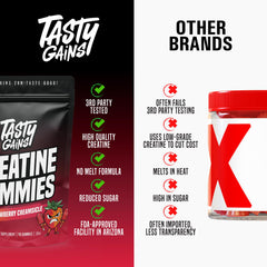 TASTY GAINS Creatine Gummies after-workout scene suggesting recovery support.