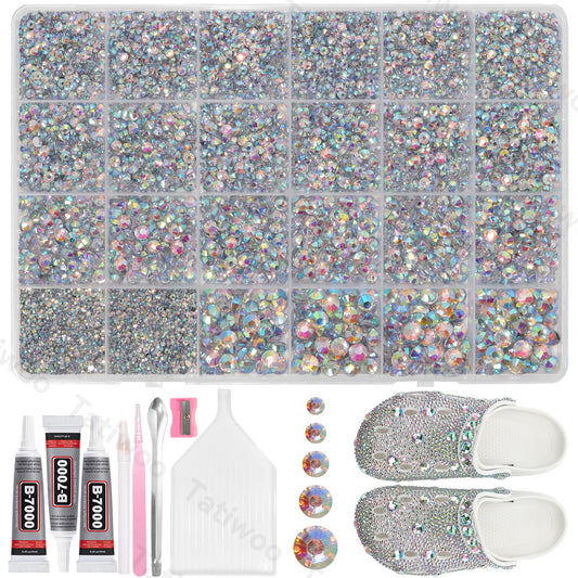 Tatiwoo AB flatback rhinestones in mixed sizes for versatile DIY embellishments.