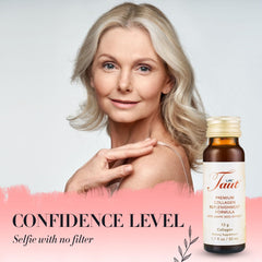 Lifestyle shot: woman holding TAUT collagen bottle