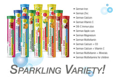 Close-up of the seven-tube mixed-fruit box for T&D German Vitamin & Minerals vegan effervescent tablets