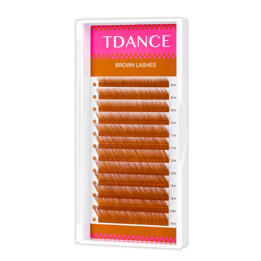 TDANCE brown lash extensions in 8-15mm tray blend naturally and add subtle color.