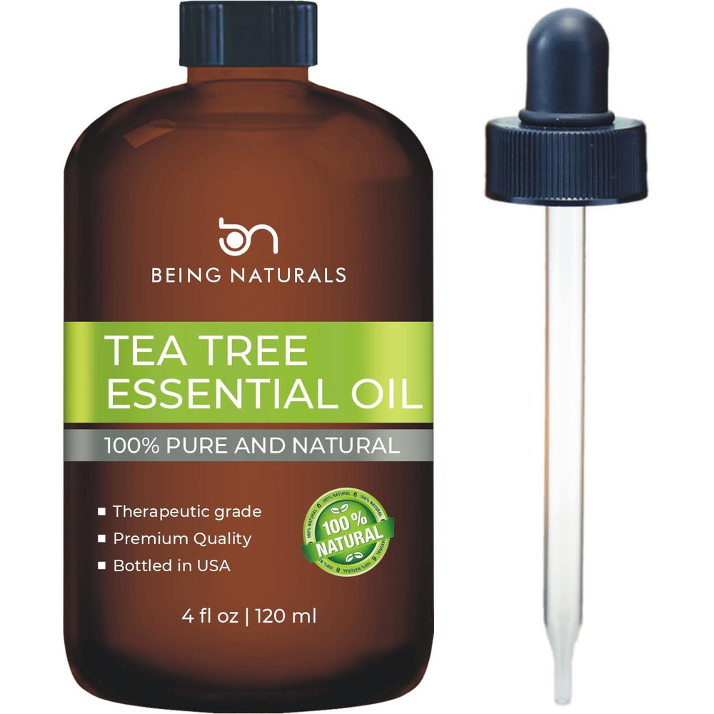 Tea Tree Essential Oil 4 oz bottle with glass dropper - front view
