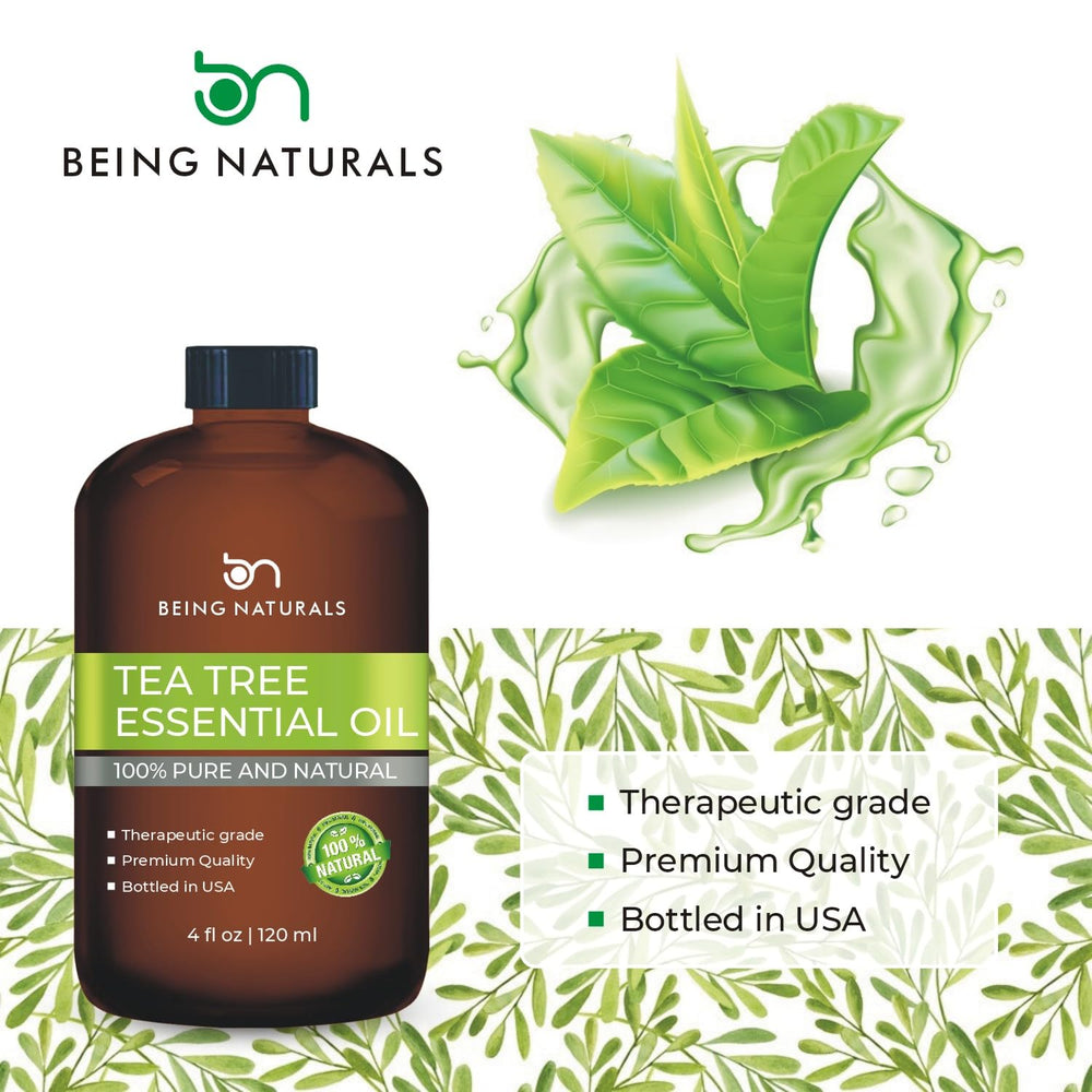 Top view of tea tree essential oil bottle with glass dropper